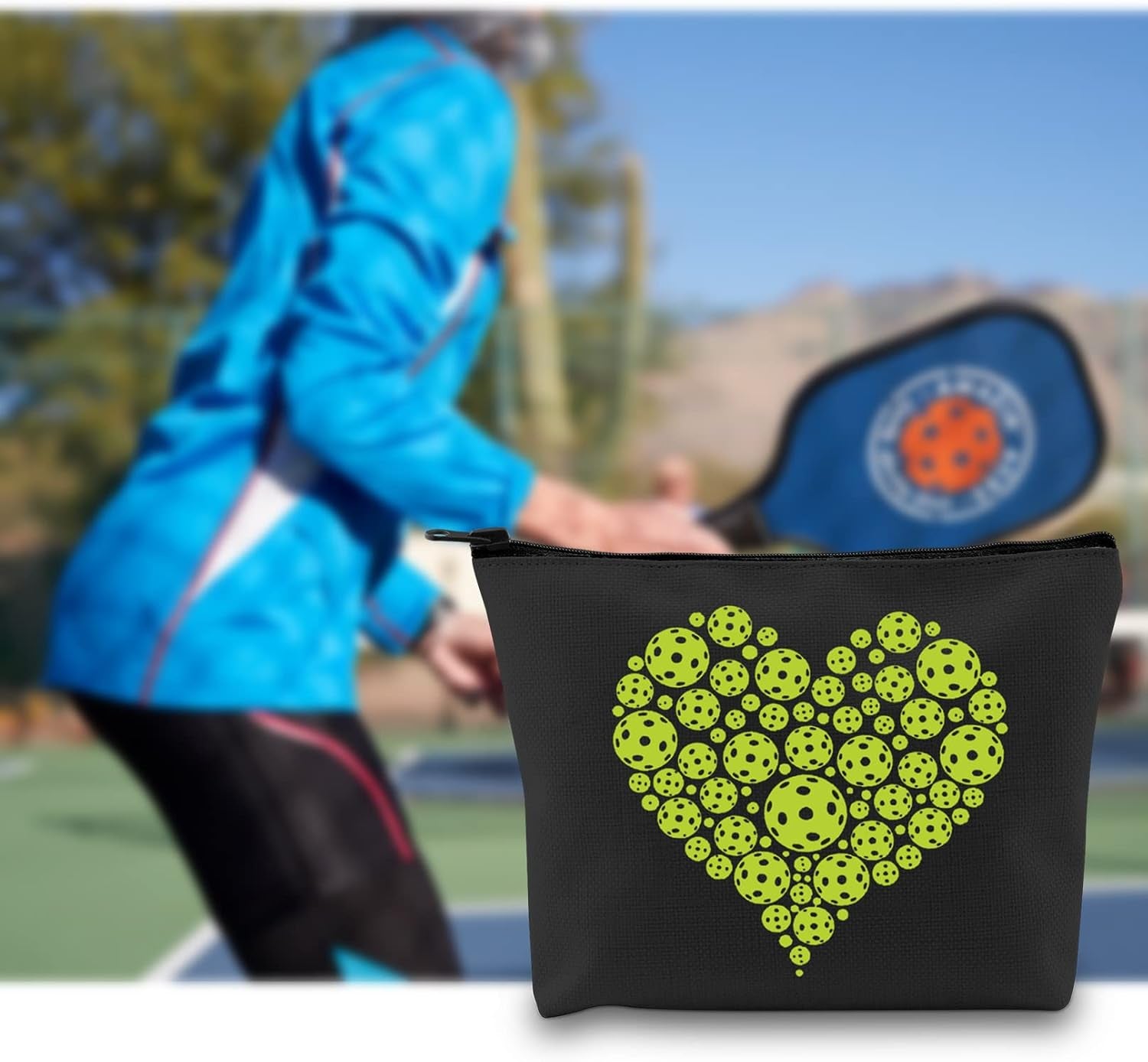 Pickleball Player Gift Pickleball Heart Green Makeup Bag Pickleball Lover Cosmetic Bag Pickleball Coach Gift Pickleball Team Gift Zipper Travel Bag (Pickleball Heart Black Bag)