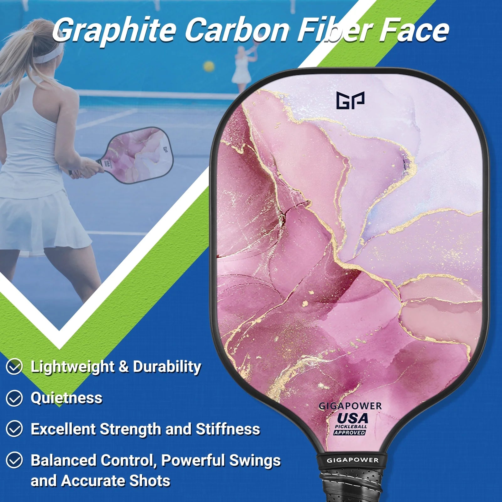 Pickleball Paddles Set of 2, USAPA Approved Graphite Carbon Face with Polypropylene Honeycomb Core Pickleball Paddle Set, Lightweight Pickleball Rackets for Women Men, Glittering Marble