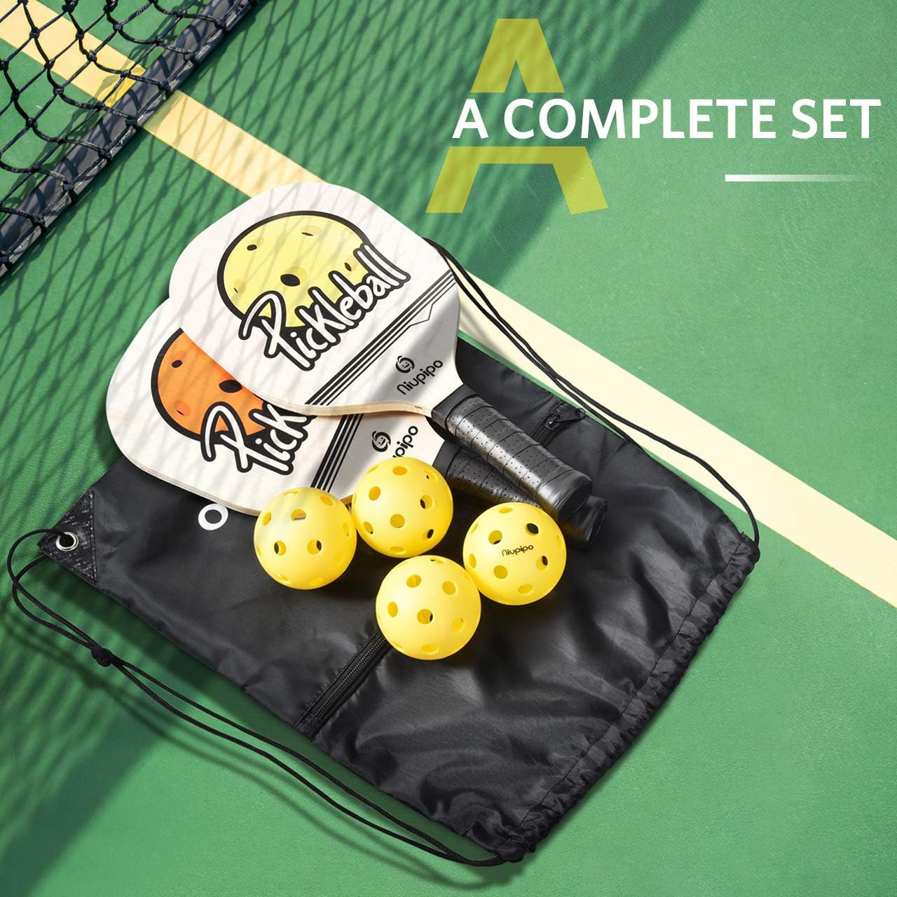 Wood Pickleball Paddles Set, Wooden Pickleball Set with 1 Carry Bag and 4 Balls, 7-Ply Basswood, Pickleball Paddle Set of 2 with Ergonomic Cushion Grip, Pickleball Rackets, Yellow and Orange