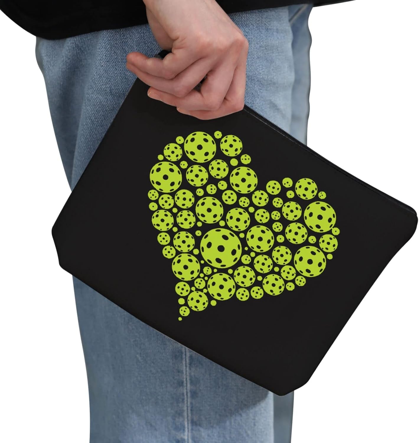 Pickleball Player Gift Pickleball Heart Green Makeup Bag Pickleball Lover Cosmetic Bag Pickleball Coach Gift Pickleball Team Gift Zipper Travel Bag (Pickleball Heart Black Bag)