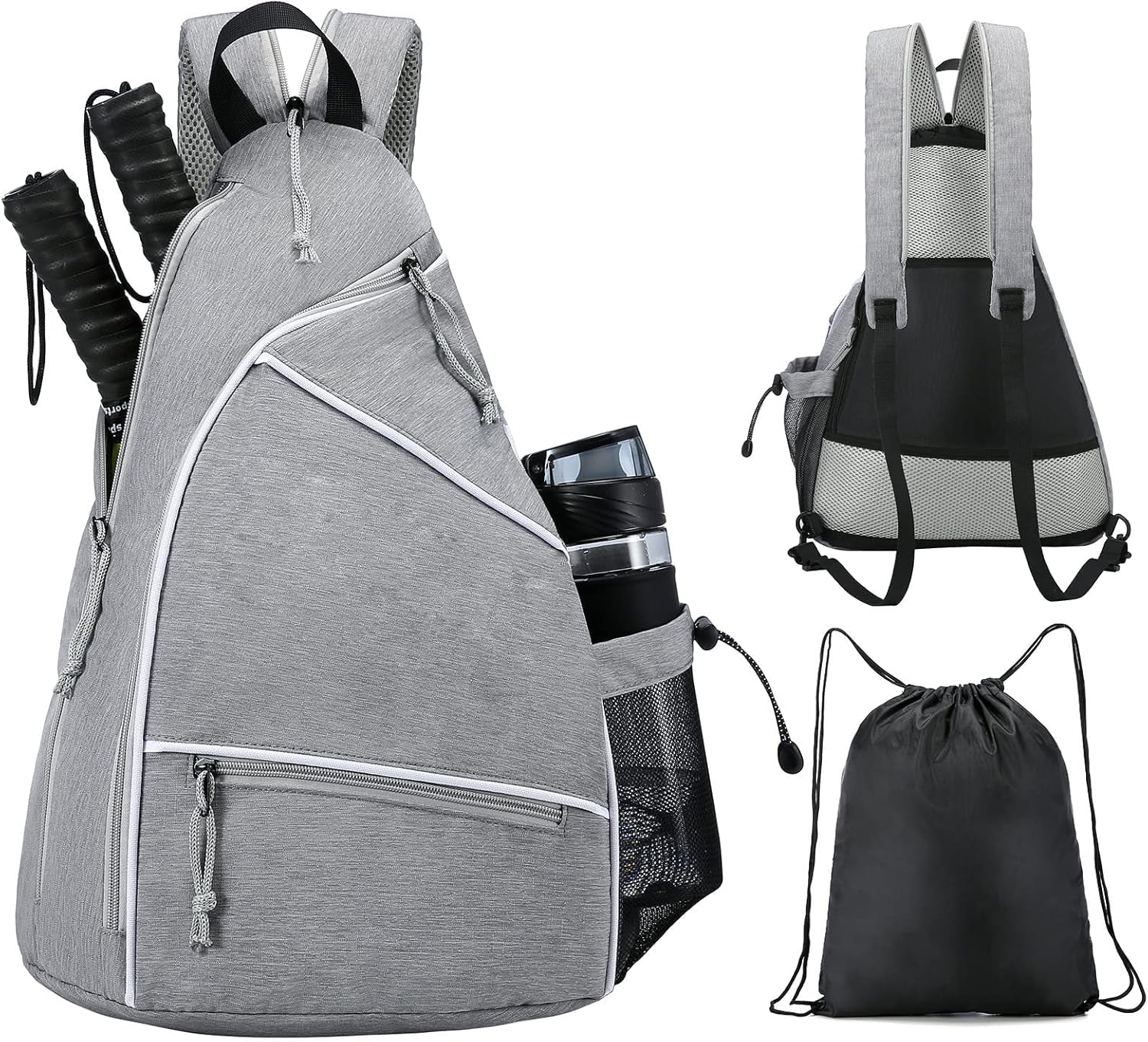 Pickleball Bag,Pickleball Backpack for Men Women,Adjustable Pickleball Sling Bag for Pickleball Paddle,Tennis,With Fence Hook,Water Bottle Holder(Grey)
