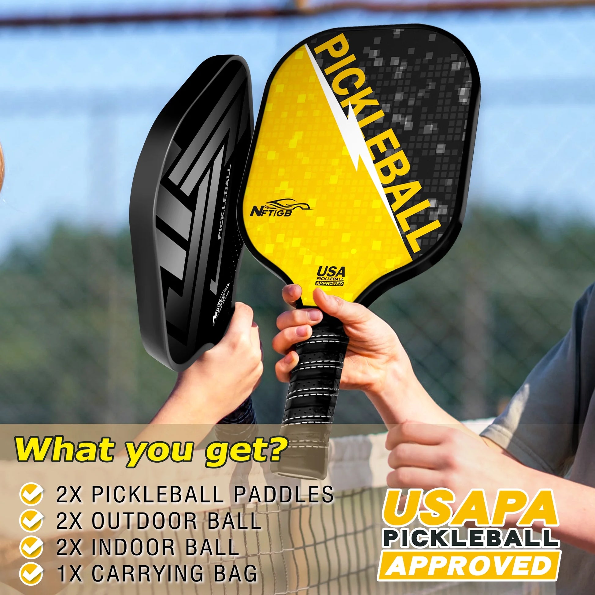 Pickleball Paddle Set – Trending Sport for All Ages, Lightweight Fiberglass, USAPA Approved, 2 Paddles + 4 Balls Included