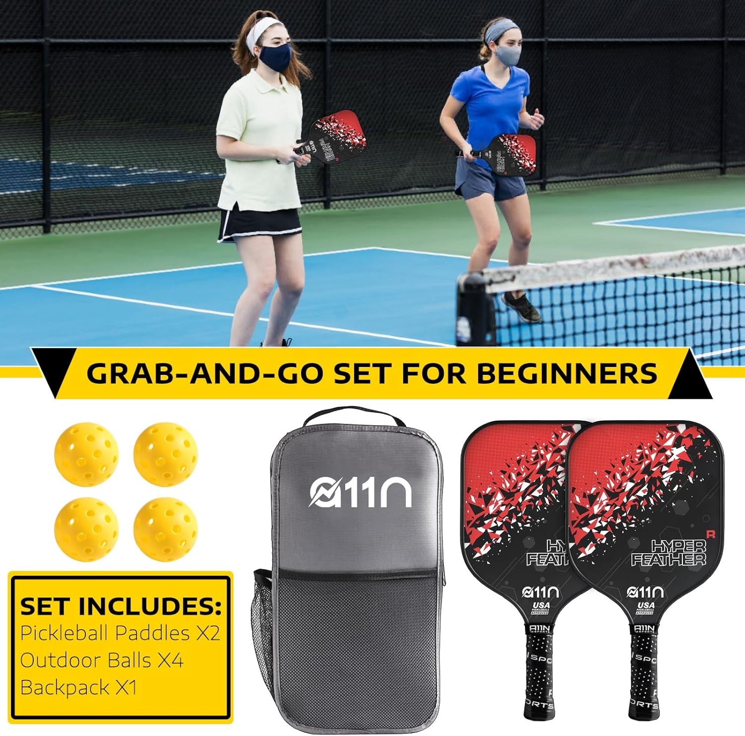 A11N Hyperfeather R Pickleball Paddles Set of 2 Rackets with 4 Outdoor Balls and 1 Backpack, USA Pickleball Approved