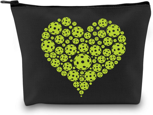 Pickleball Player Gift Pickleball Heart Green Makeup Bag Pickleball Lover Cosmetic Bag Pickleball Coach Gift Pickleball Team Gift Zipper Travel Bag (Pickleball Heart Black Bag)