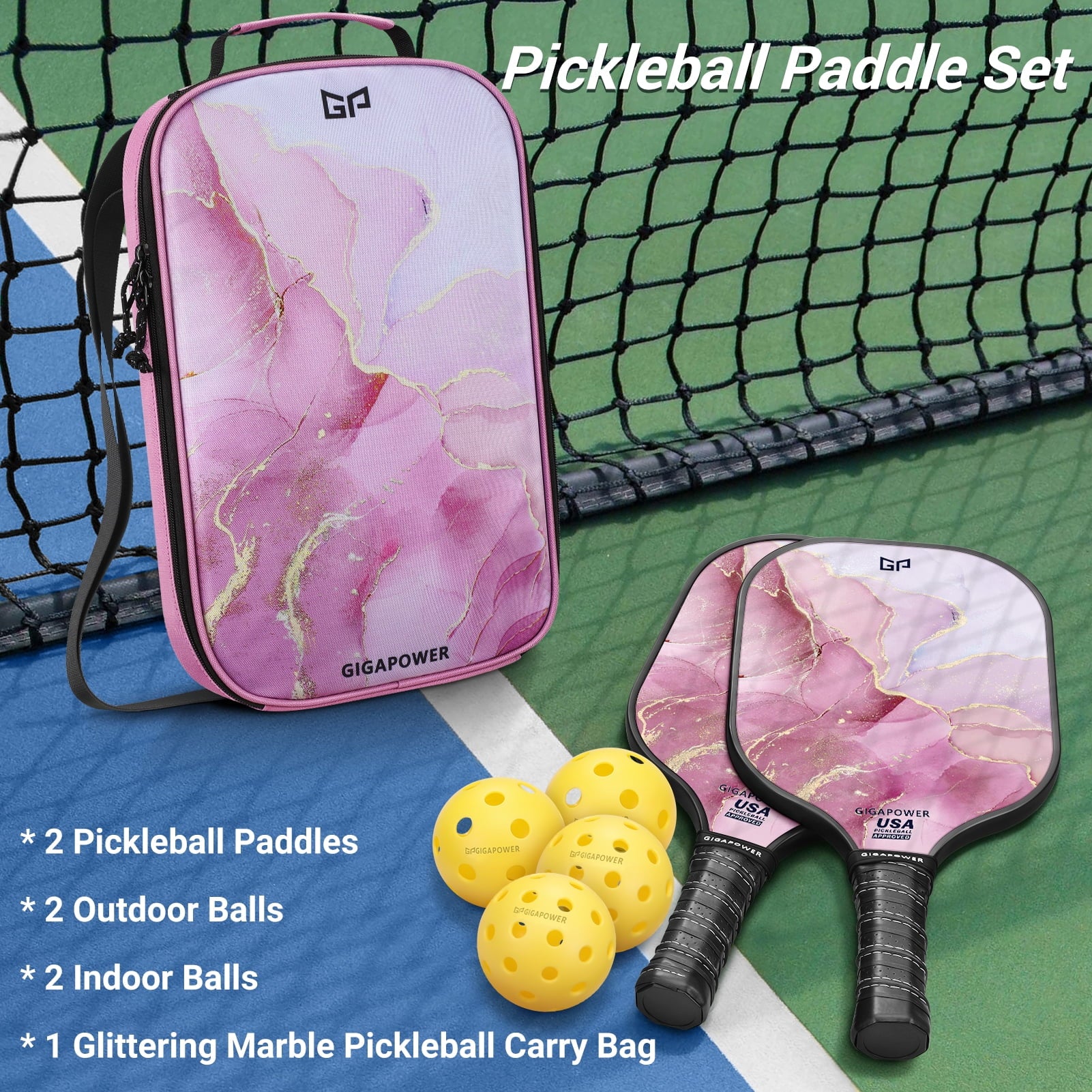 Pickleball Paddles Set of 2, USAPA Approved Graphite Carbon Face with Polypropylene Honeycomb Core Pickleball Paddle Set, Lightweight Pickleball Rackets for Women Men, Glittering Marble