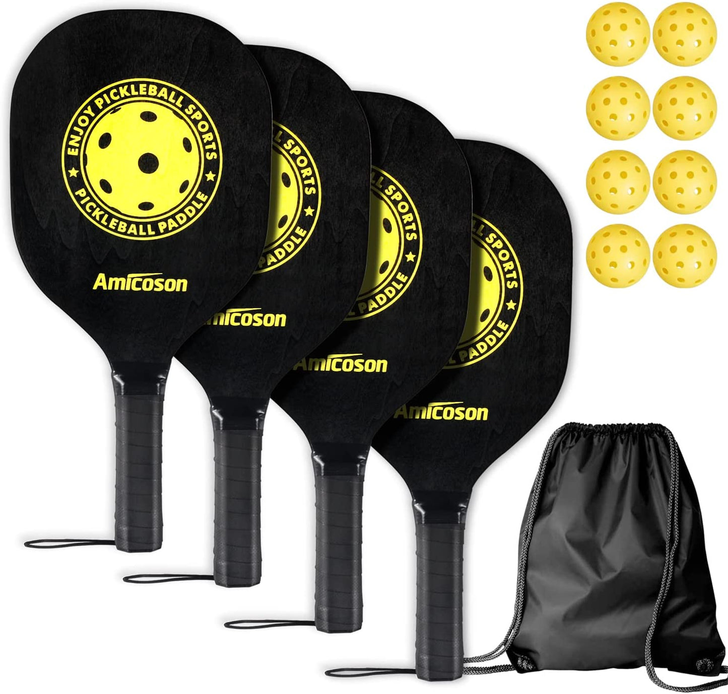 Pickleball Paddles - Set of 4 Wooden Paddles, Indoor & Outdoor Balls, Ergonomic Grip, 8 Balls & 1 Carry Bag