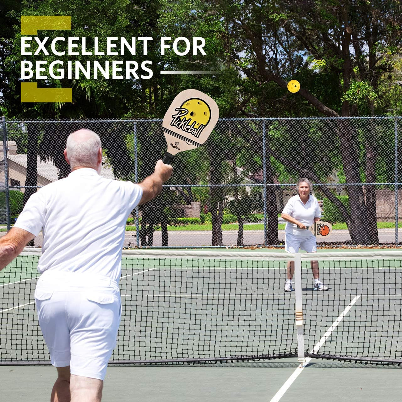 Wood Pickleball Paddles Set, Wooden Pickleball Set with 1 Carry Bag and 4 Balls, 7-Ply Basswood, Pickleball Paddle Set of 2 with Ergonomic Cushion Grip, Pickleball Rackets, Yellow and Orange