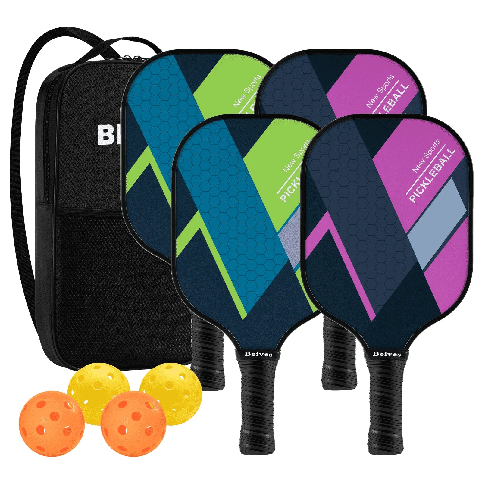 4-Pack Fiberglass Pickle Ball Set with 4 Balls & Portable Bag - Lightweight Pickleball Paddles for Indoor/Outdoor, Family-Friendly for All Skill Levels