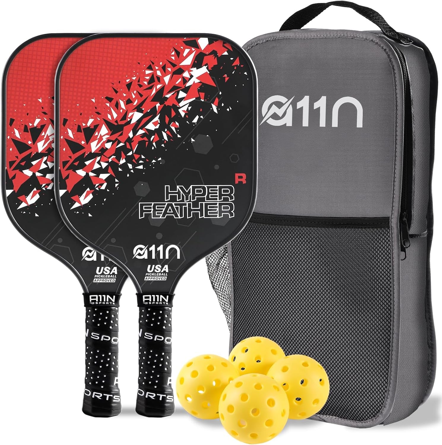 A11N Hyperfeather R Pickleball Paddles Set of 2 Rackets with 4 Outdoor Balls and 1 Backpack, USA Pickleball Approved
