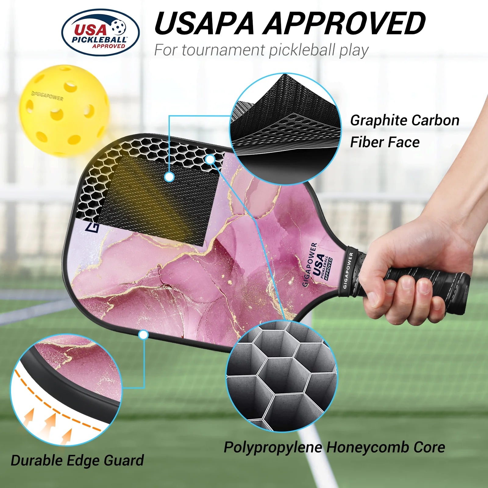 Pickleball Paddles Set of 2, USAPA Approved Graphite Carbon Face with Polypropylene Honeycomb Core Pickleball Paddle Set, Lightweight Pickleball Rackets for Women Men, Glittering Marble