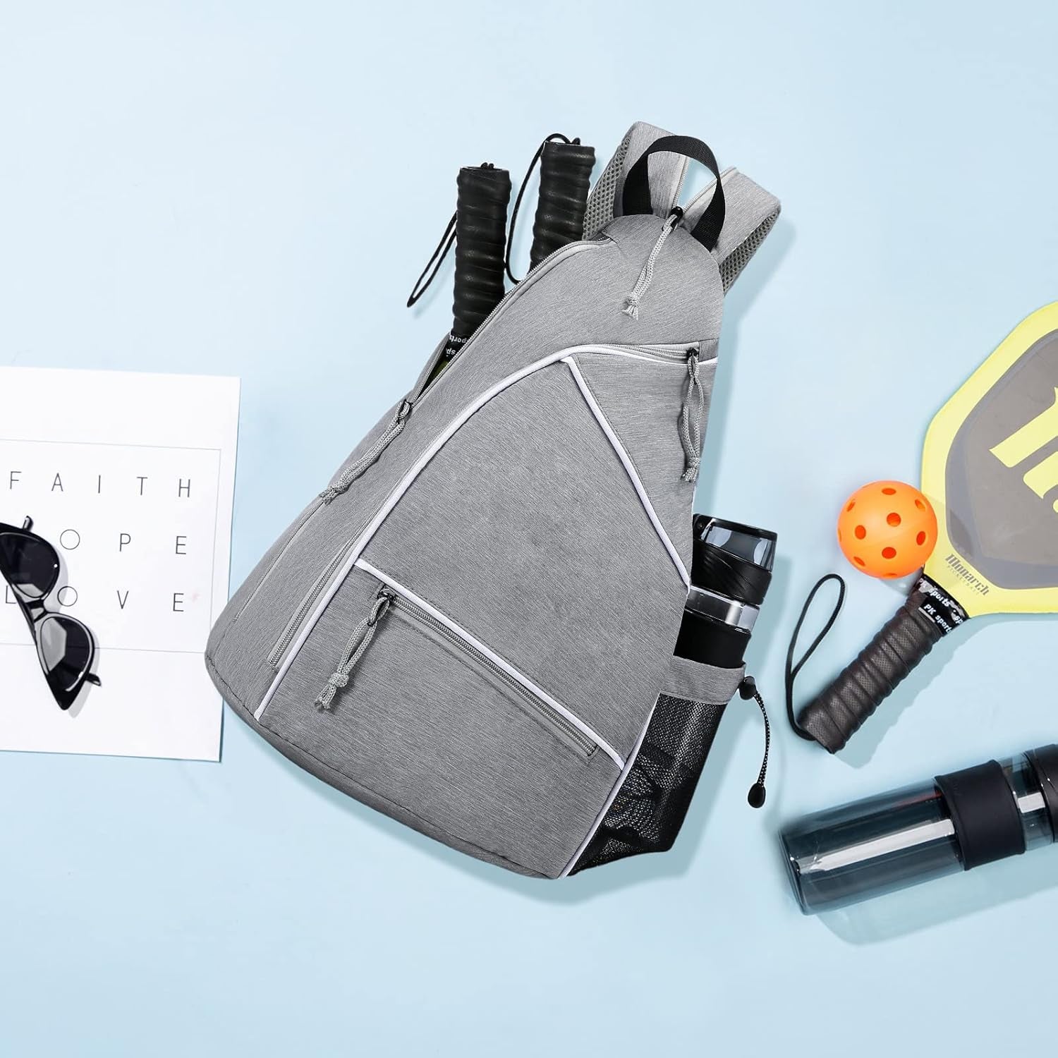 Pickleball Bag,Pickleball Backpack for Men Women,Adjustable Pickleball Sling Bag for Pickleball Paddle,Tennis,With Fence Hook,Water Bottle Holder(Grey)