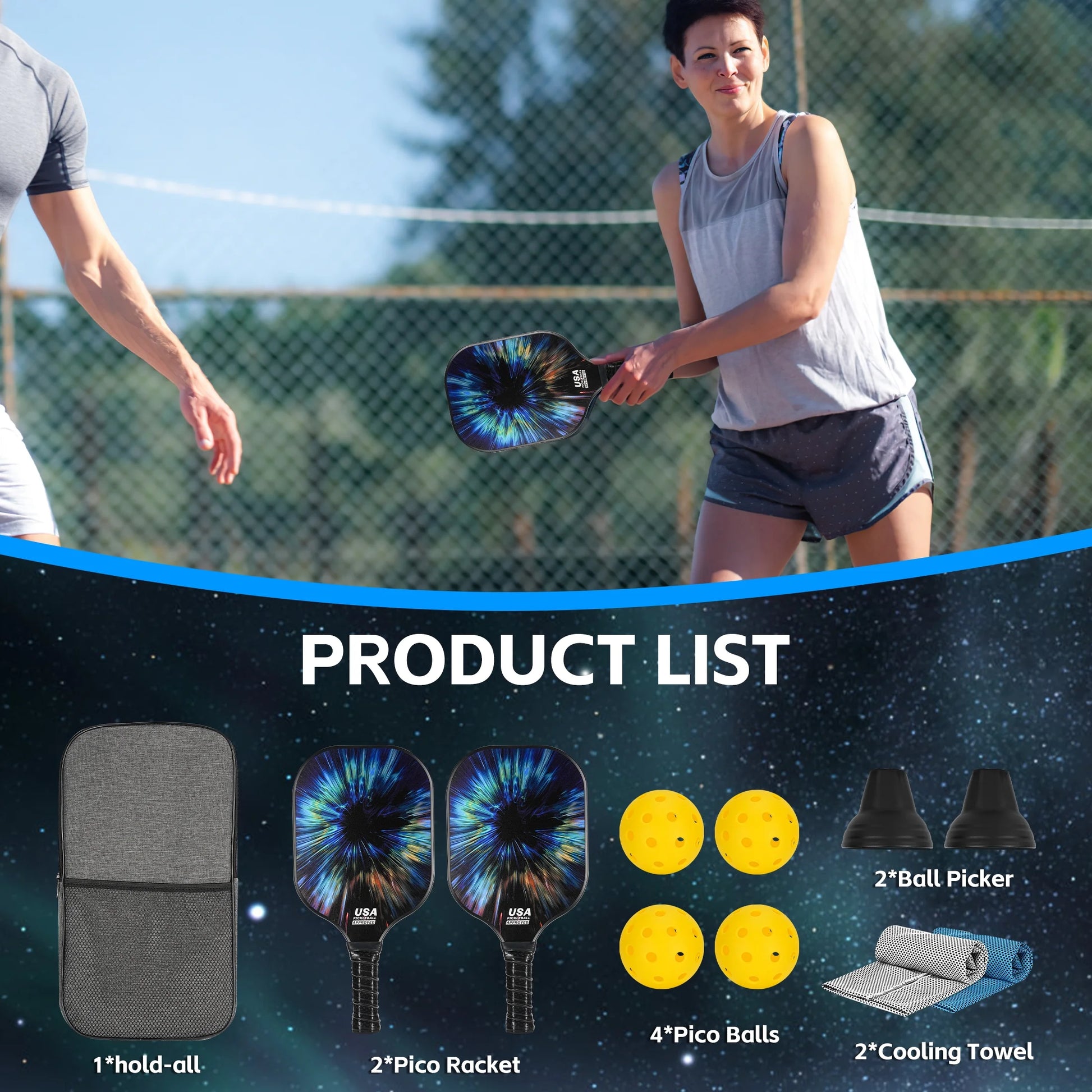 Pickleball Paddles Set - 2 Fiberglass Paddles, 4 Balls & Carry Bag and 2 Cooling Towels