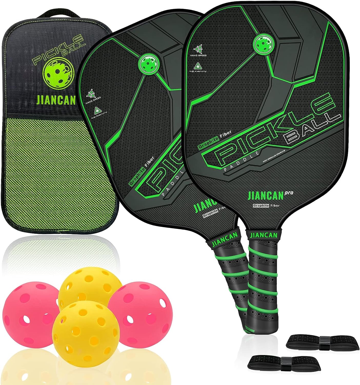 Graphite Pickleball Paddles, Pro Pickleball Paddle Set of 2 Lightweight Carbon Fiber Pickleball Racket with 4 Pickleball Balls & Portable Bag Polymer Soft Non-Slip Grip