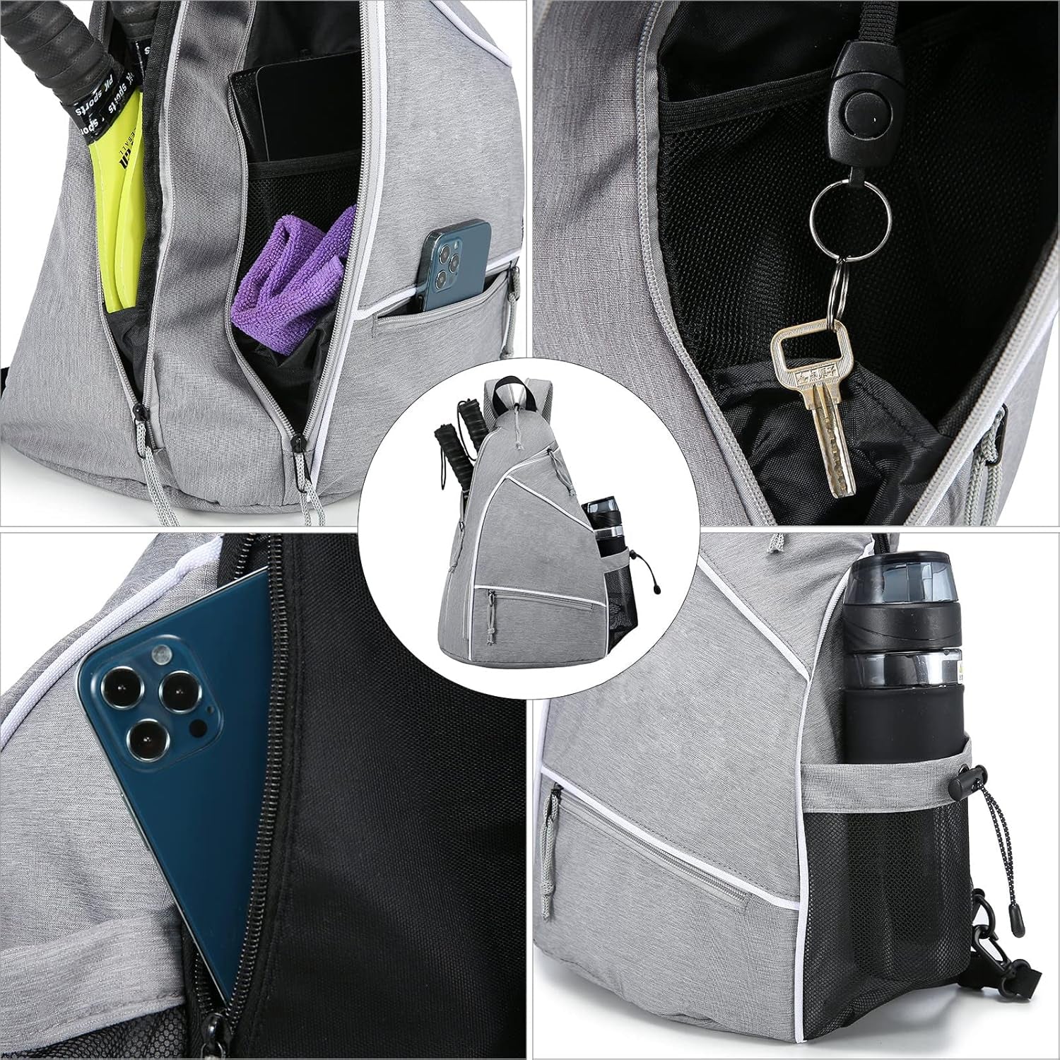 Pickleball Bag,Pickleball Backpack for Men Women,Adjustable Pickleball Sling Bag for Pickleball Paddle,Tennis,With Fence Hook,Water Bottle Holder(Grey)