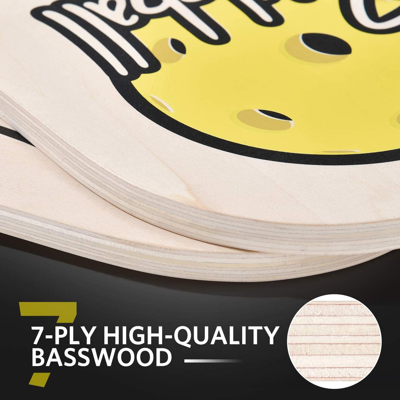 Wood Pickleball Paddles Set, Wooden Pickleball Set with 1 Carry Bag and 4 Balls, 7-Ply Basswood, Pickleball Paddle Set of 2 with Ergonomic Cushion Grip, Pickleball Rackets, Yellow and Orange