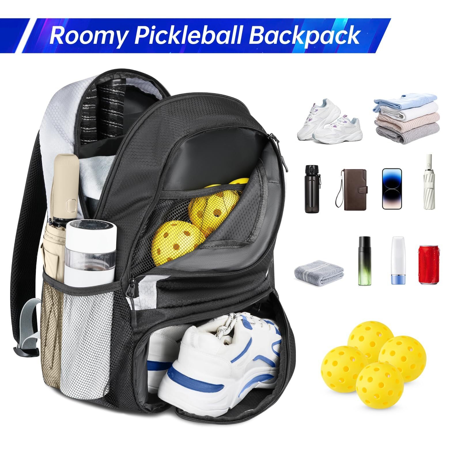 Pickleball Bag Backpack with Shoe Compartment, Fence Hook for Men Women, Larg...