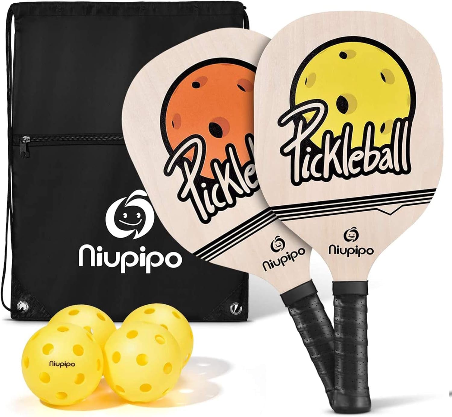 Wood Pickleball Paddles Set, Wooden Pickleball Set with 1 Carry Bag and 4 Balls, 7-Ply Basswood, Pickleball Paddle Set of 2 with Ergonomic Cushion Grip, Pickleball Rackets, Yellow and Orange