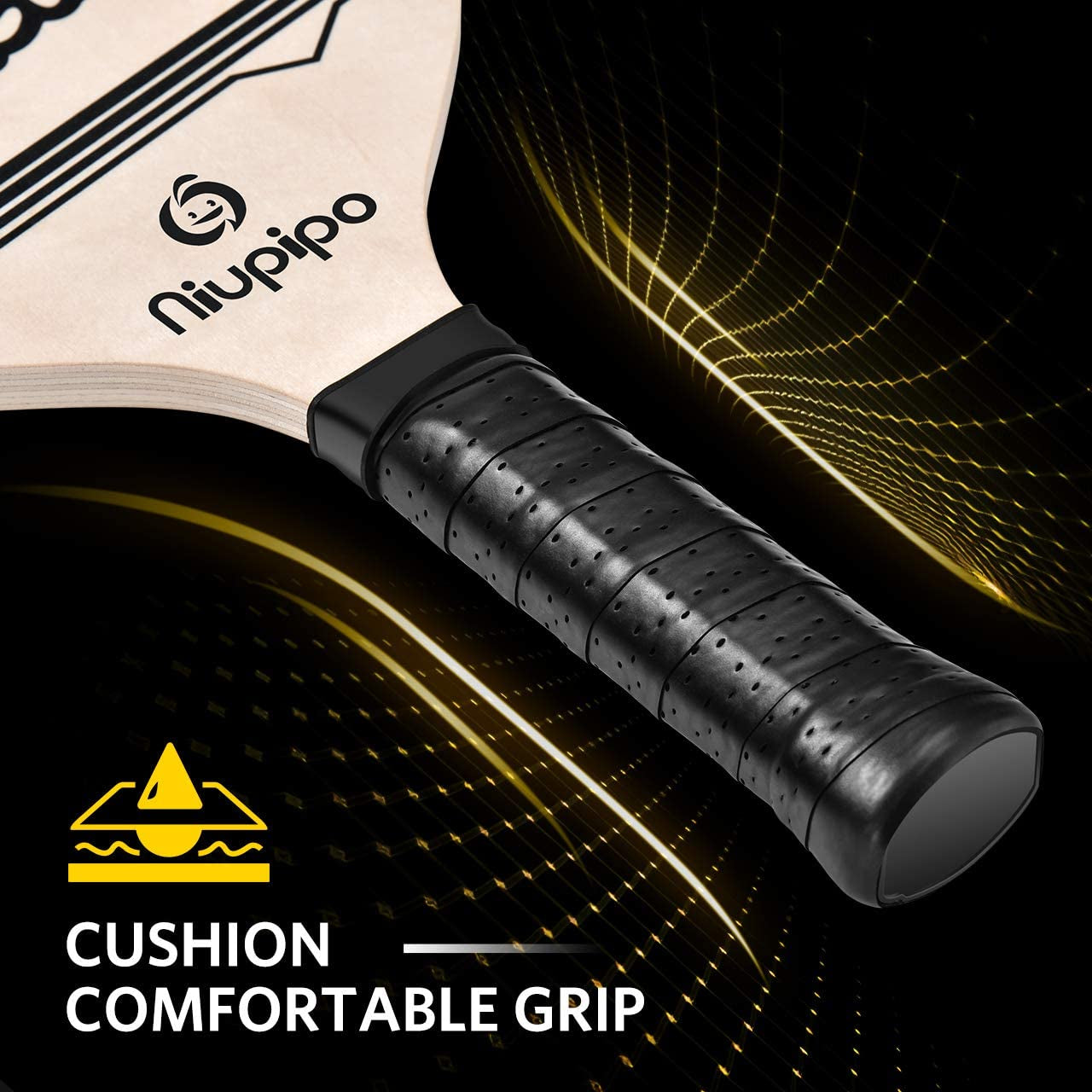 Wood Pickleball Paddles Set, Wooden Pickleball Set with 1 Carry Bag and 4 Balls, 7-Ply Basswood, Pickleball Paddle Set of 2 with Ergonomic Cushion Grip, Pickleball Rackets, Yellow and Orange