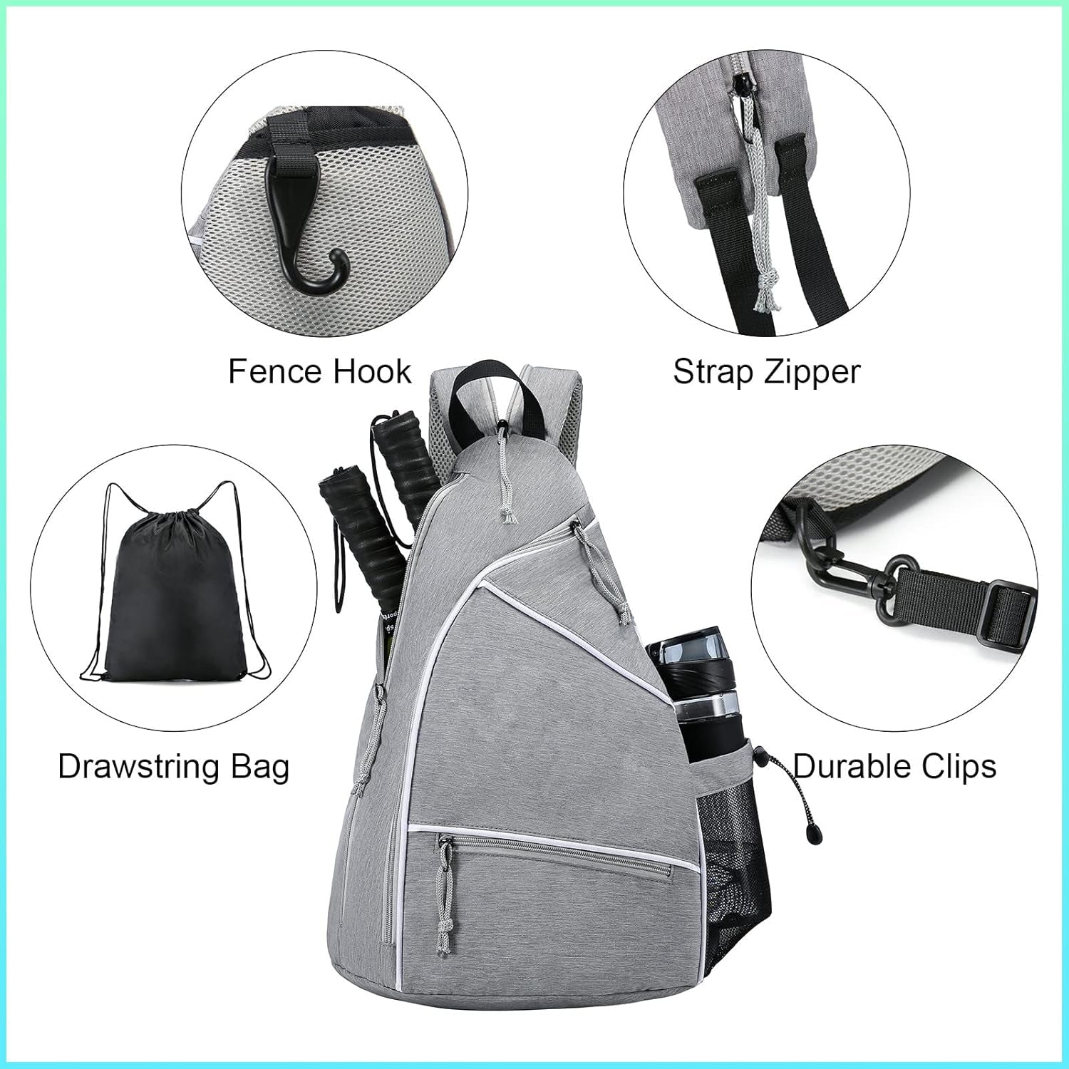 Pickleball Bag,Pickleball Backpack for Men Women,Adjustable Pickleball Sling Bag for Pickleball Paddle,Tennis,With Fence Hook,Water Bottle Holder(Grey)