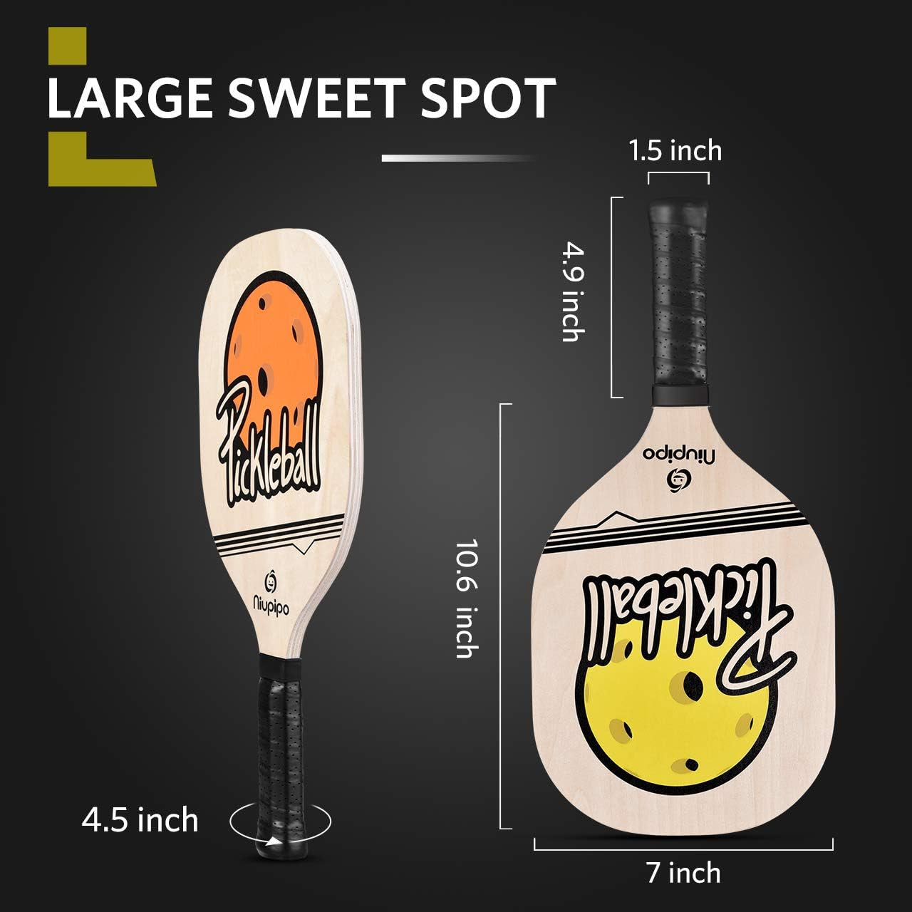 Wood Pickleball Paddles Set, Wooden Pickleball Set with 1 Carry Bag and 4 Balls, 7-Ply Basswood, Pickleball Paddle Set of 2 with Ergonomic Cushion Grip, Pickleball Rackets, Yellow and Orange