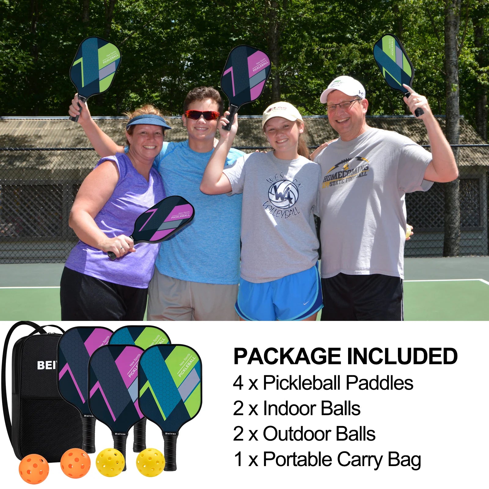 4-Pack Fiberglass Pickle Ball Set with 4 Balls & Portable Bag - Lightweight Pickleball Paddles for Indoor/Outdoor, Family-Friendly for All Skill Levels