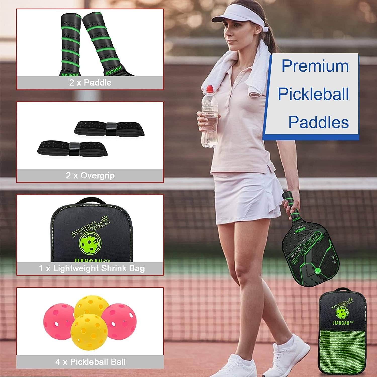 Graphite Pickleball Paddles, Pro Pickleball Paddle Set of 2 Lightweight Carbon Fiber Pickleball Racket with 4 Pickleball Balls & Portable Bag Polymer Soft Non-Slip Grip