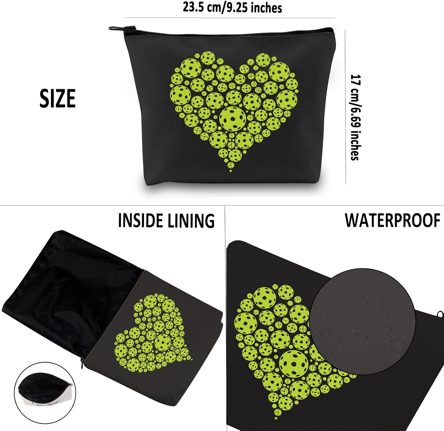 Pickleball Player Gift Pickleball Heart Green Makeup Bag Pickleball Lover Cosmetic Bag Pickleball Coach Gift Pickleball Team Gift Zipper Travel Bag (Pickleball Heart Black Bag)