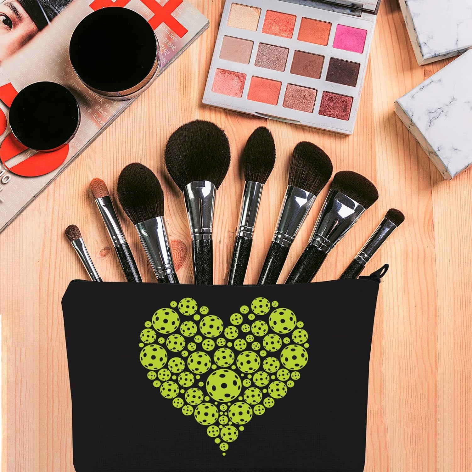 Pickleball Player Gift Pickleball Heart Green Makeup Bag Pickleball Lover Cosmetic Bag Pickleball Coach Gift Pickleball Team Gift Zipper Travel Bag (Pickleball Heart Black Bag)