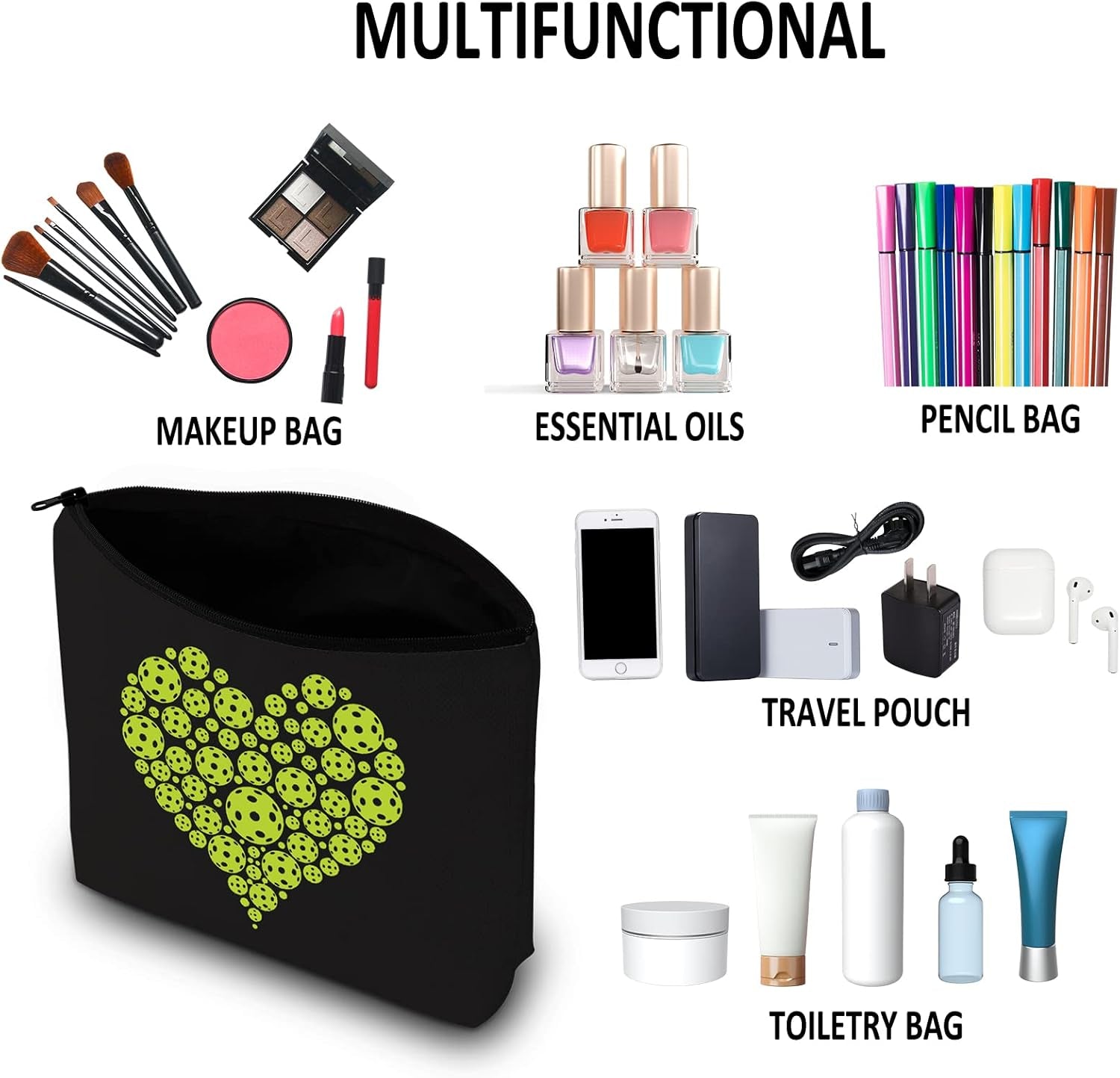 Pickleball Player Gift Pickleball Heart Green Makeup Bag Pickleball Lover Cosmetic Bag Pickleball Coach Gift Pickleball Team Gift Zipper Travel Bag (Pickleball Heart Black Bag)