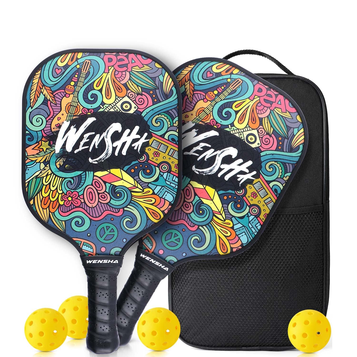Pickleball Paddles - Pickleball Raquette Set of 2 Pickleball Rackets 4 Pickleballs Outdoor Indoor Portable Bag Polypropylene Honeycomb Core Graphite Surface Pickleball Set Gift for Women Men Adults