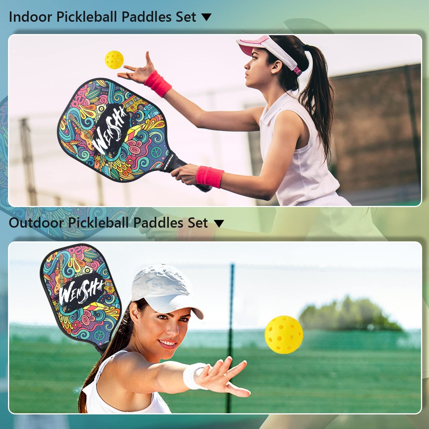 Pickleball Paddles - Pickleball Raquette Set of 2 Pickleball Rackets 4 Pickleballs Outdoor Indoor Portable Bag Polypropylene Honeycomb Core Graphite Surface Pickleball Set Gift for Women Men Adults