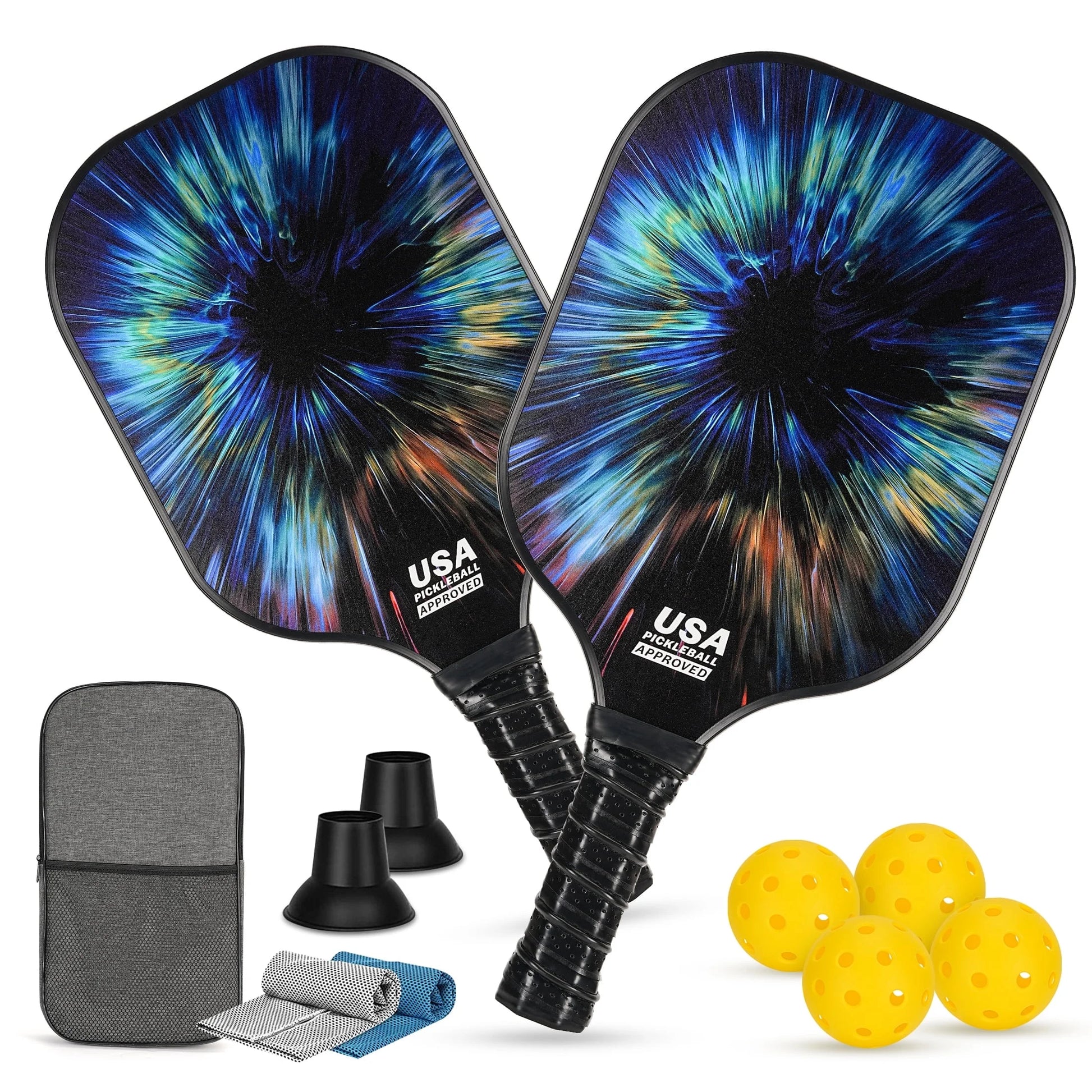 Pickleball Paddles Set - 2 Fiberglass Paddles, 4 Balls & Carry Bag and 2 Cooling Towels
