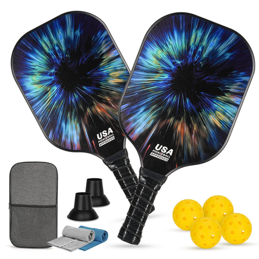 Pickleball Paddles Set - 2 Fiberglass Paddles, 4 Balls & Carry Bag and 2 Cooling Towels
