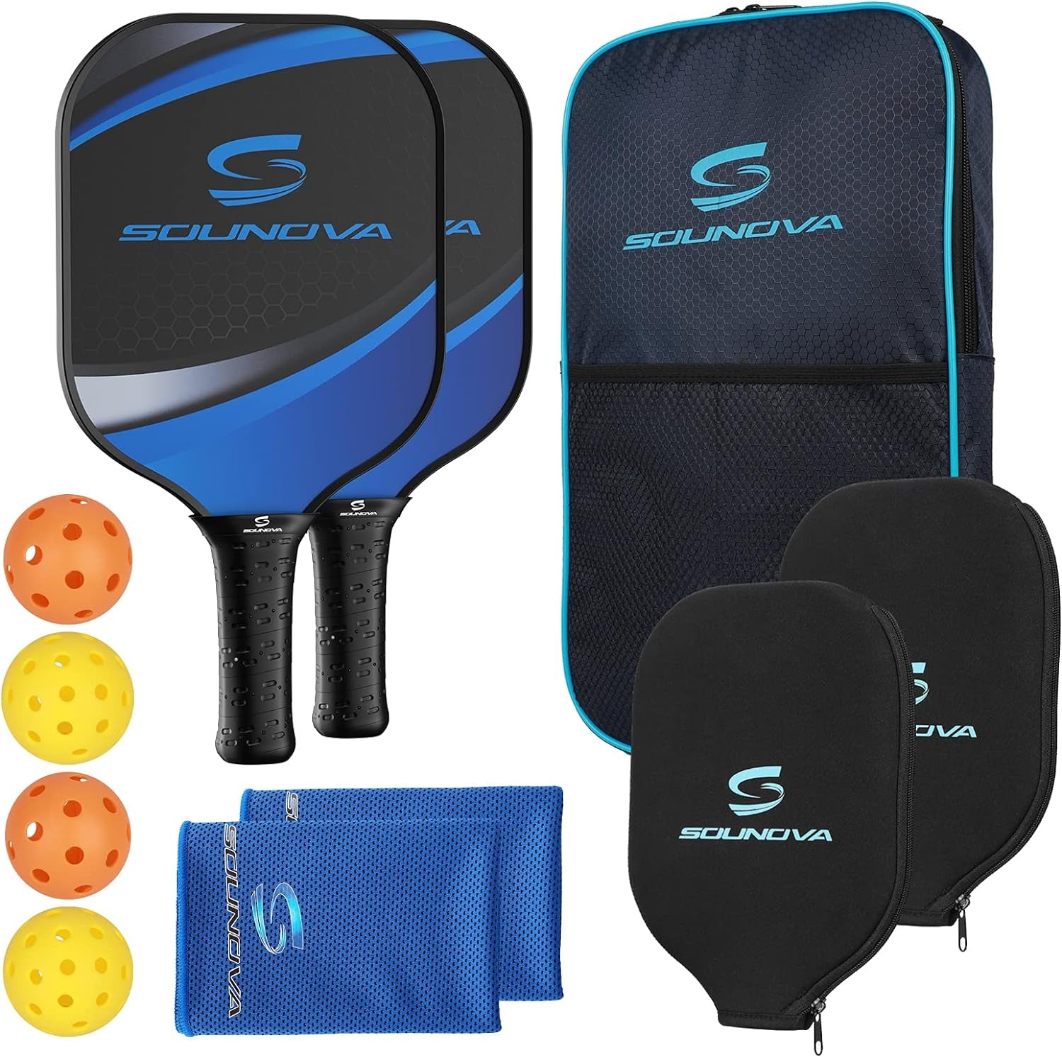 Pickleball Paddles Set of 2 Lightweight Graphite Surface Pickleball Racket for Adults/Kids, Including Covers and Carrying Bag, Polypropylene Honeycomb Core, 4 Balls and Free Cooling Towel