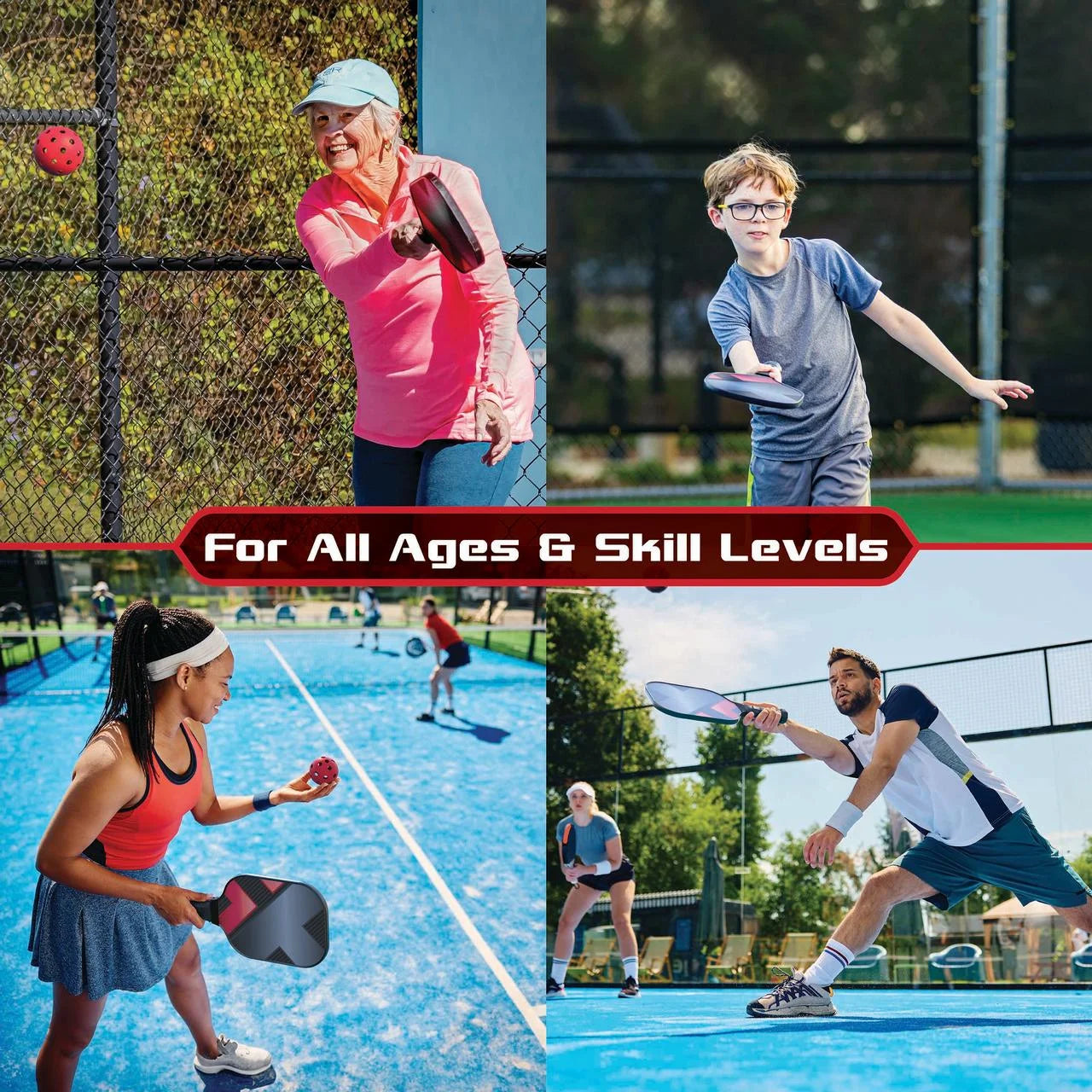 Fiberglass Pickleball Set with Pickleball Paddles and Balls, 2 Paddles, 4 Pickleballs and Carry Case