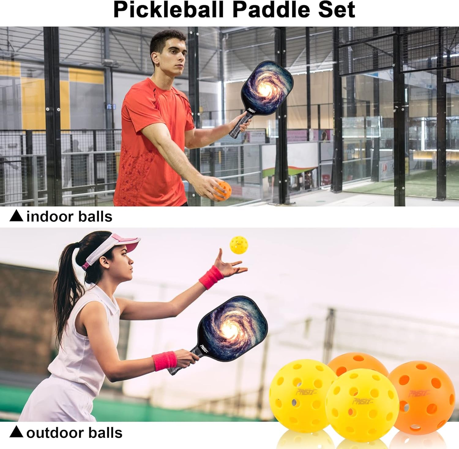 Pickleball Paddles, USAPA Approved Lightweight Pickleball Paddle Set of 2, Fiberglass Surface Polypropylene Core Pickleball Set with 2 Pickleball Rackets, 4 Pickleballs & 1 Carry Bag