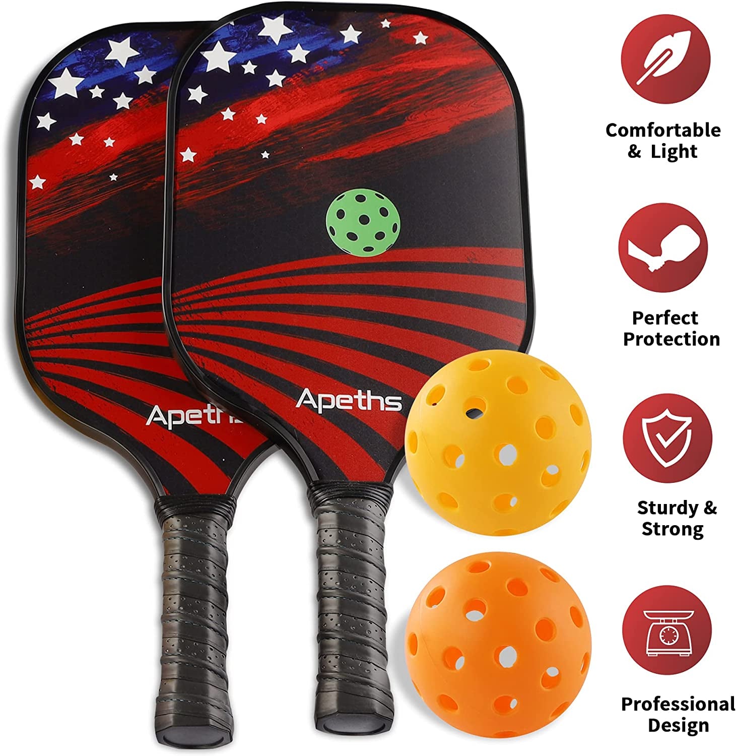 Pickleball Paddle Set, Fiberglass Pickleball Rackets with Cushion Comfort Grip, Pickleball Set of 2 Pickleball Paddles, 4 Balls, 1 Pickleball Bag