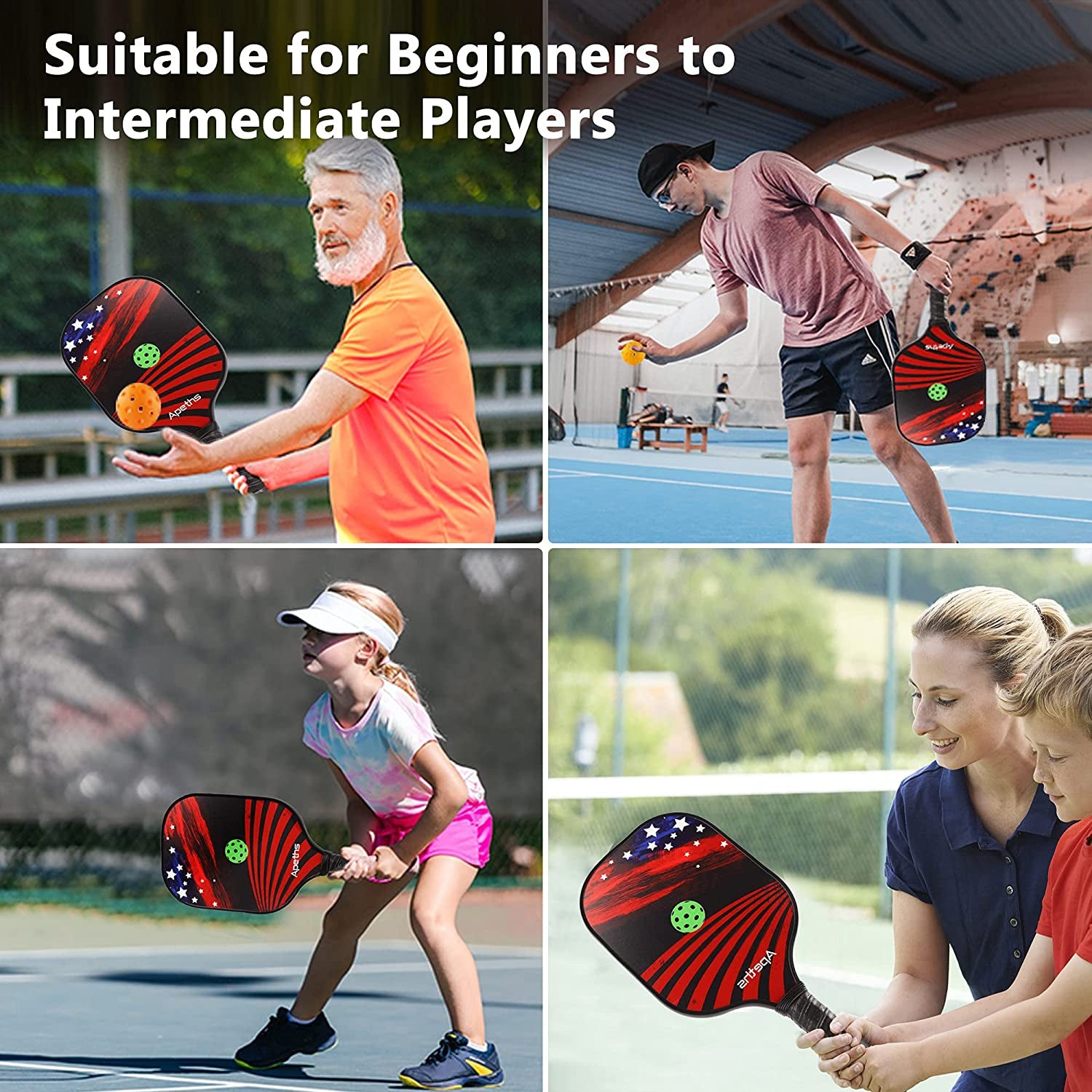 Pickleball Paddle Set, Fiberglass Pickleball Rackets with Cushion Comfort Grip, Pickleball Set of 2 Pickleball Paddles, 4 Balls, 1 Pickleball Bag