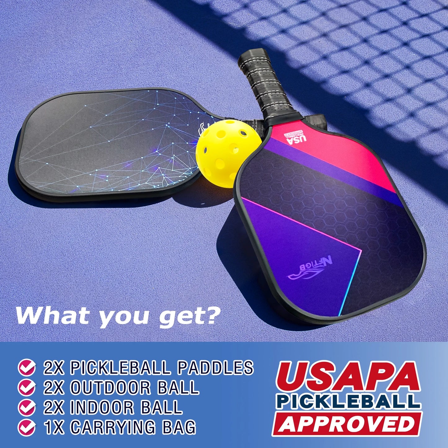 Pickleball Paddles Set, 2 Pickle Ball Rackets with 4 Balls, Lightweight, USAPA Approved