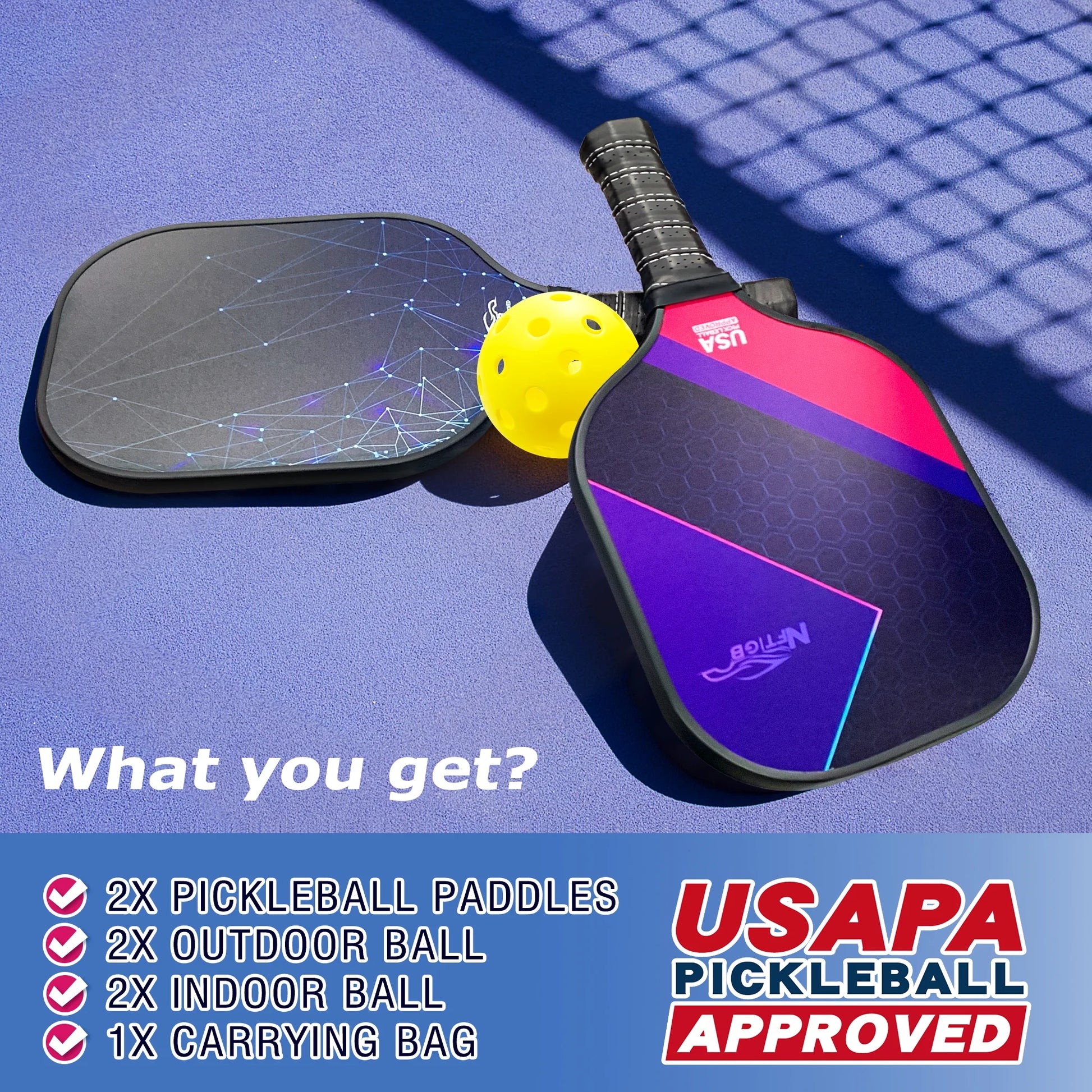 Pickleball Paddles Set, 2 Pickle Ball Rackets with 4 Balls, Lightweight, USAPA Approved