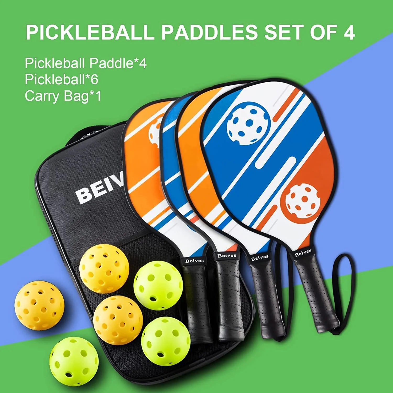Wood Pickleball Paddles Set of 4 Racket Pickleball Racquets, Pickle Ball Set, Paddle Set with 6 Indoor Outdoor Balls